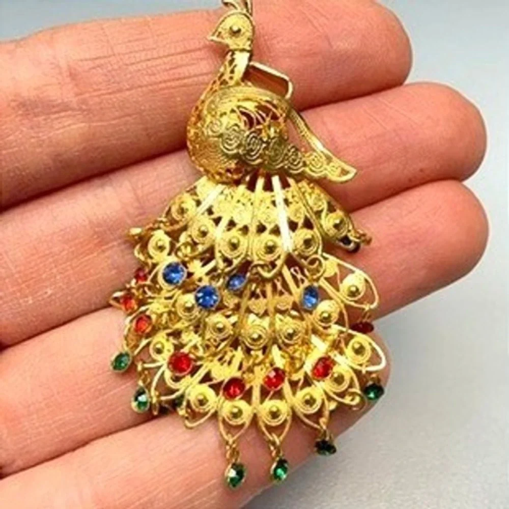 Vintage Gold Tone Filigree Peacock Brooch with Rhinestones Moving Tail